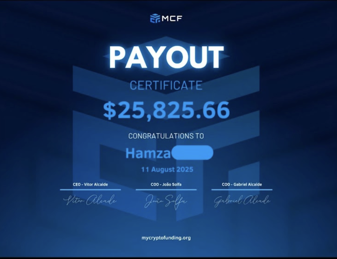 MyCryptoFunding payout certificate for $25,825.66