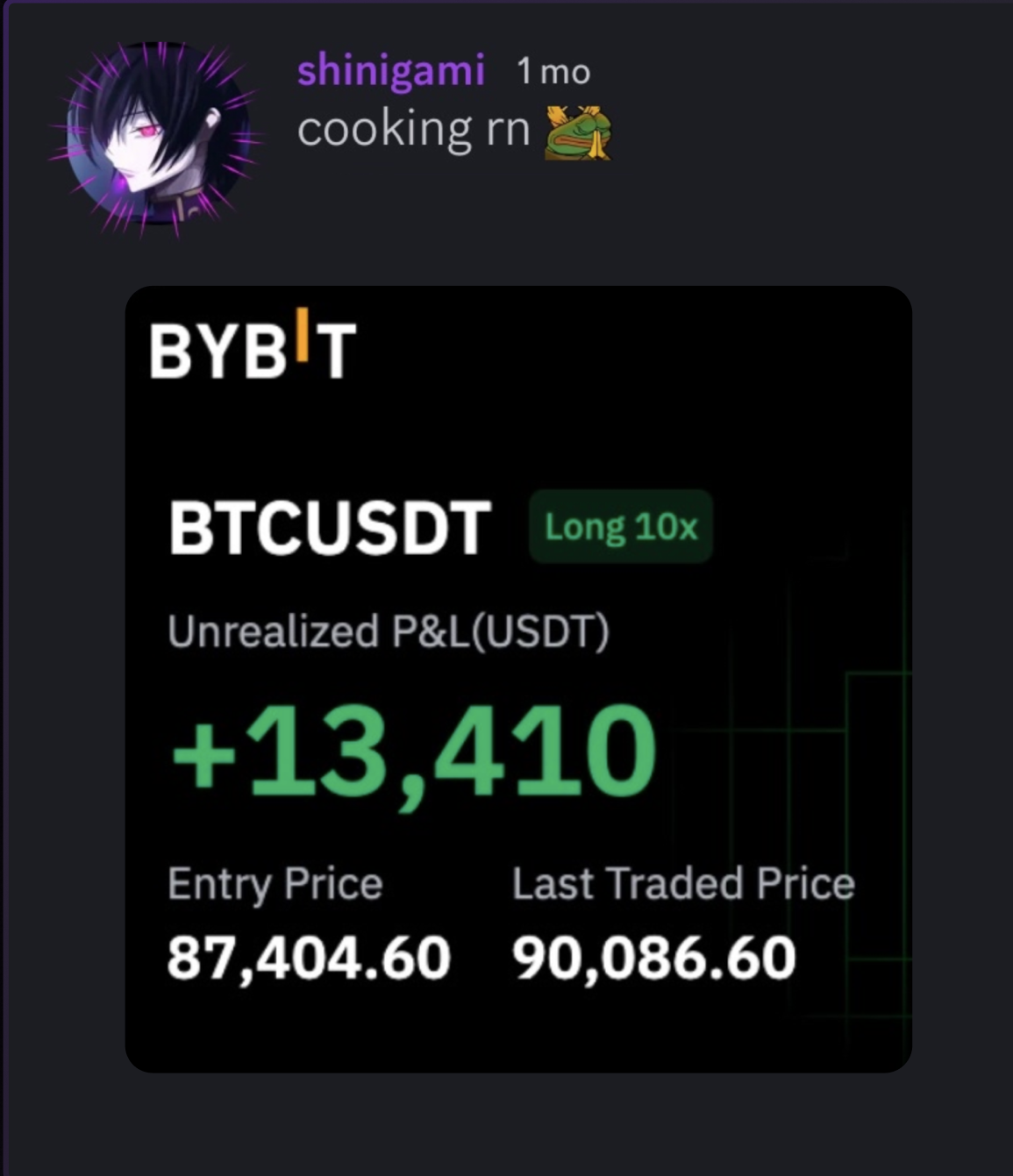 Bybit BTCUSDT long +$13,410 unrealized, called live in Shinicord